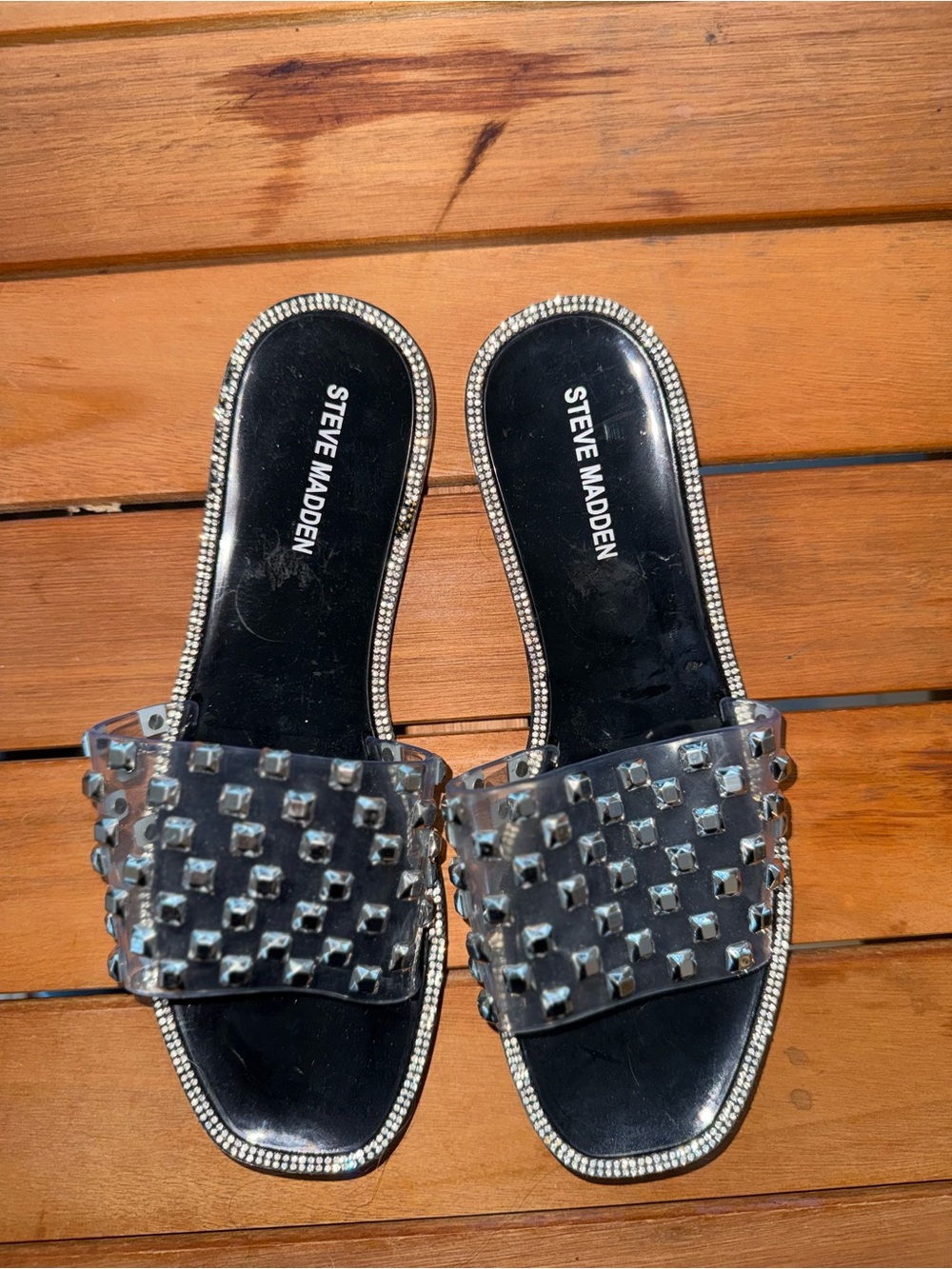 Steve Madden Black Slide Sandals with Clear Studded Upper